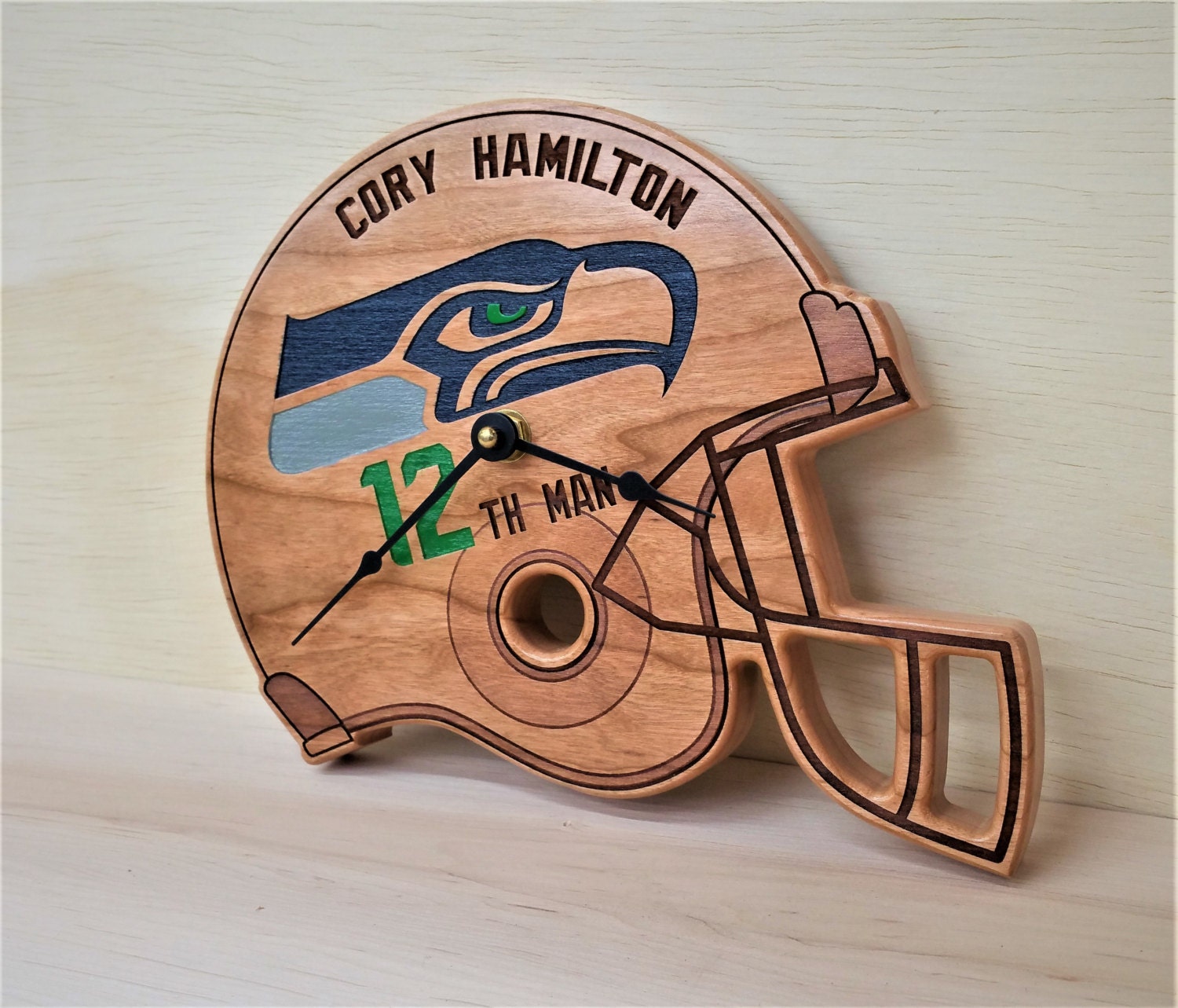 Personalized Football helmet Clock, home decor, solid wood, college, seahawks, raiders