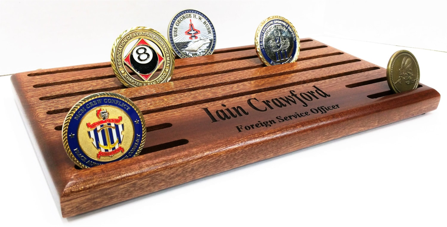 Military Challenge Coin Display, Solid Hardwood, Engraved