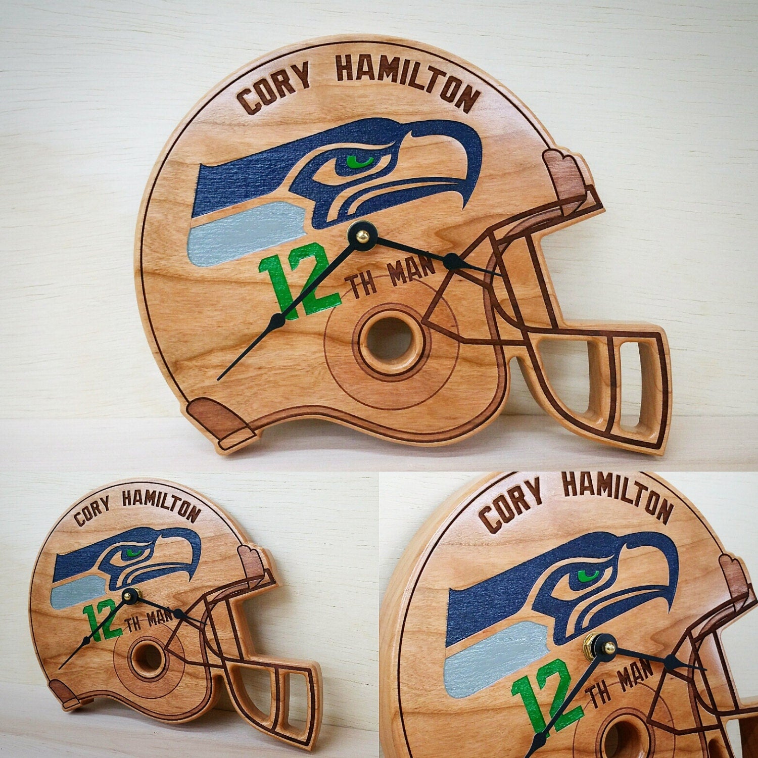 Personalized Football helmet Clock, home decor, solid wood, college, seahawks, raiders