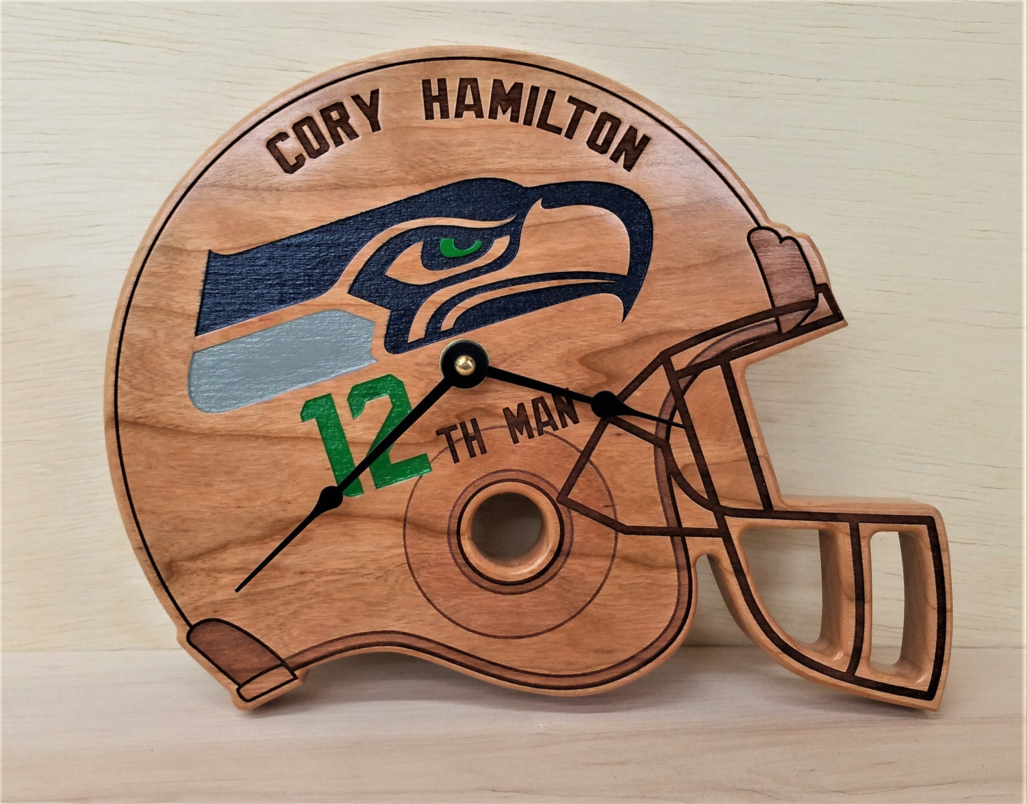 Personalized Football helmet Clock, home decor, solid wood, college, seahawks, raiders