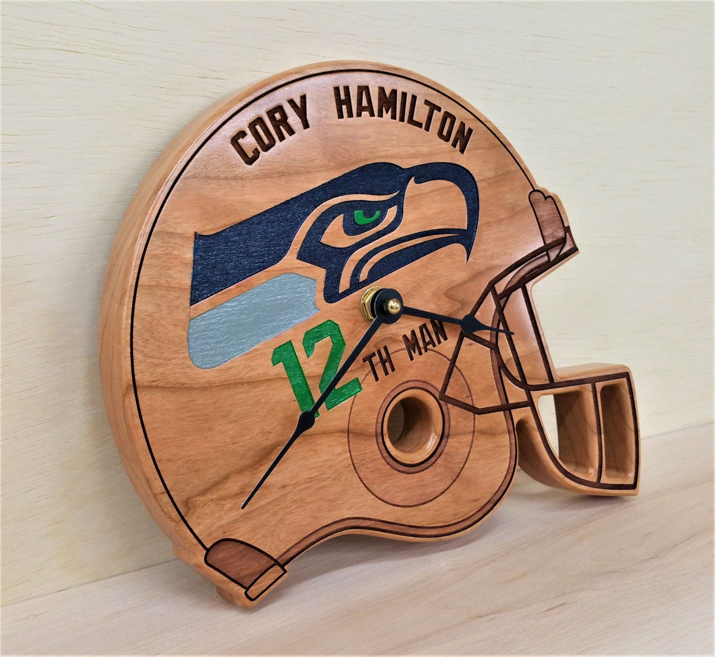 Personalized Football helmet Clock, home decor, solid wood, college, seahawks, raiders