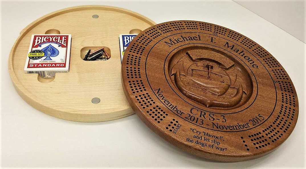 PERSONALIZED CRIBBAGE BOARD with card and plug container, personalized, gift for him, navy, chief, military, army