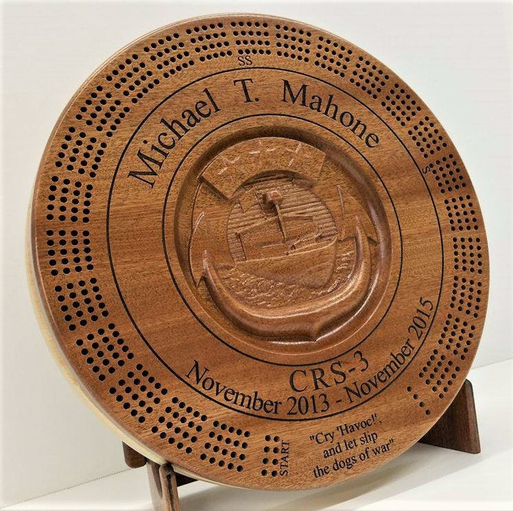 PERSONALIZED CRIBBAGE BOARD with card and plug container, personalized, gift for him, navy, chief, military, army