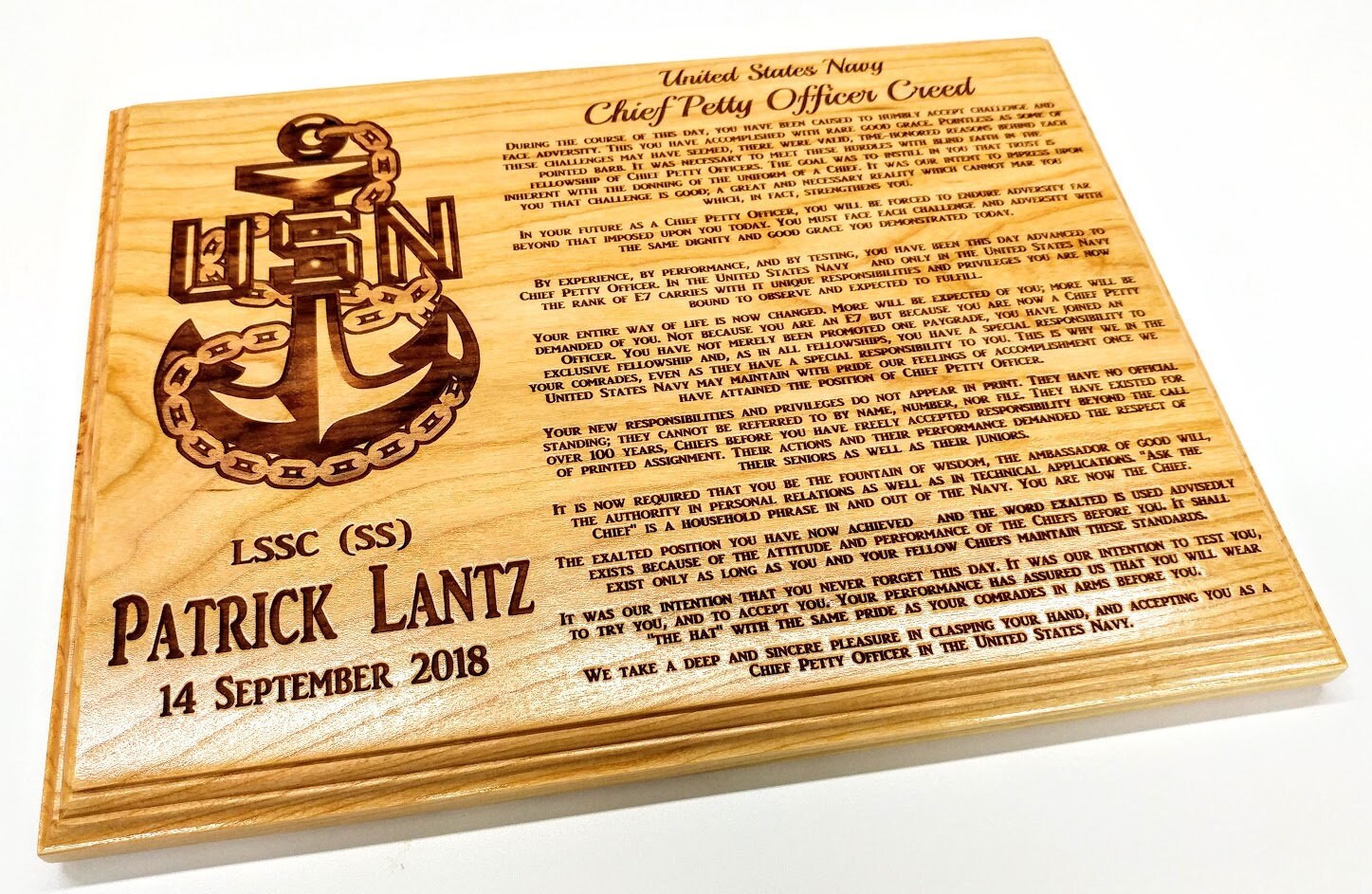 CHIEF CREED engraved with a modern or old school Anchor plaque, retirement plaque, Military Gifts