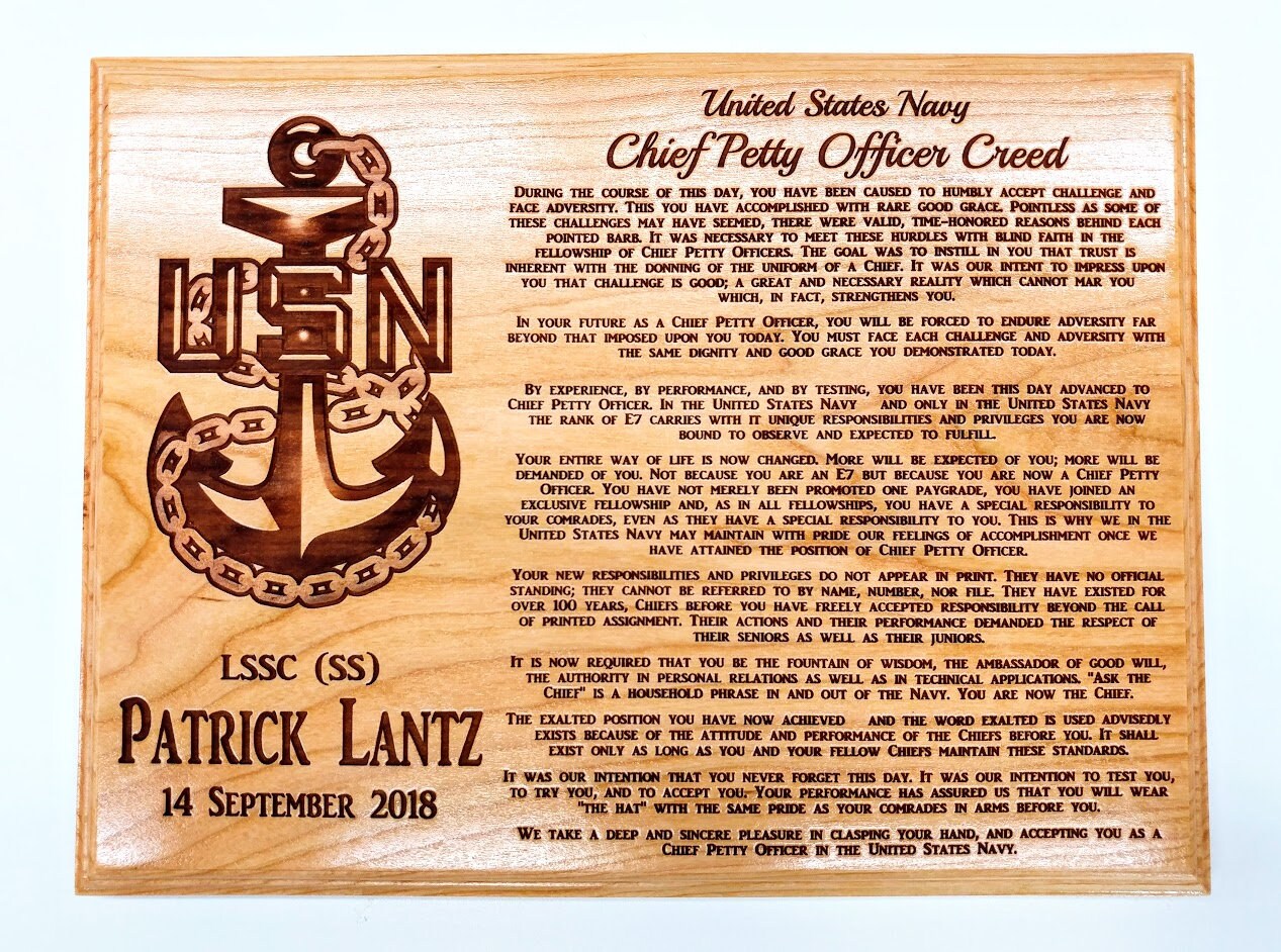 CHIEF CREED engraved with a modern or old school Anchor plaque, retirement plaque, Military Gifts