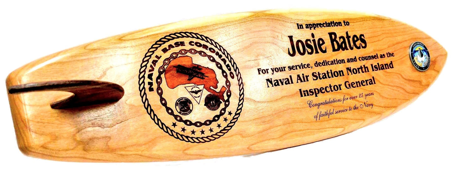 24 inch SURFBOARD SHAPED PLAQUE, custom, cherry, walnut, laser engraved