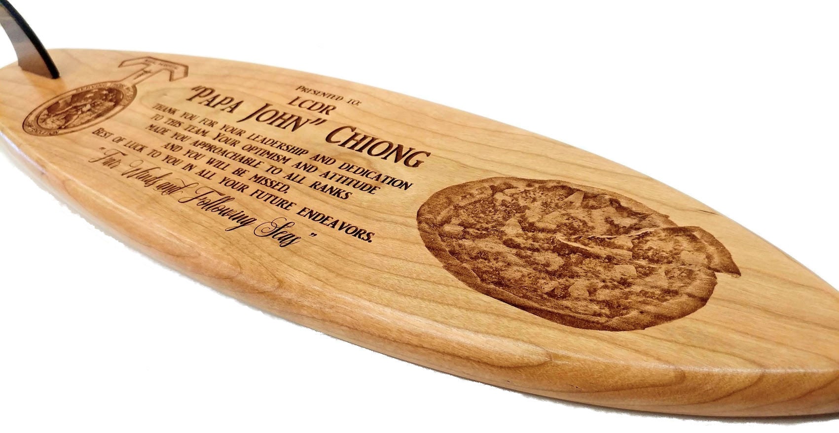 24 inch SURFBOARD SHAPED PLAQUE, custom, cherry, walnut, laser engraved