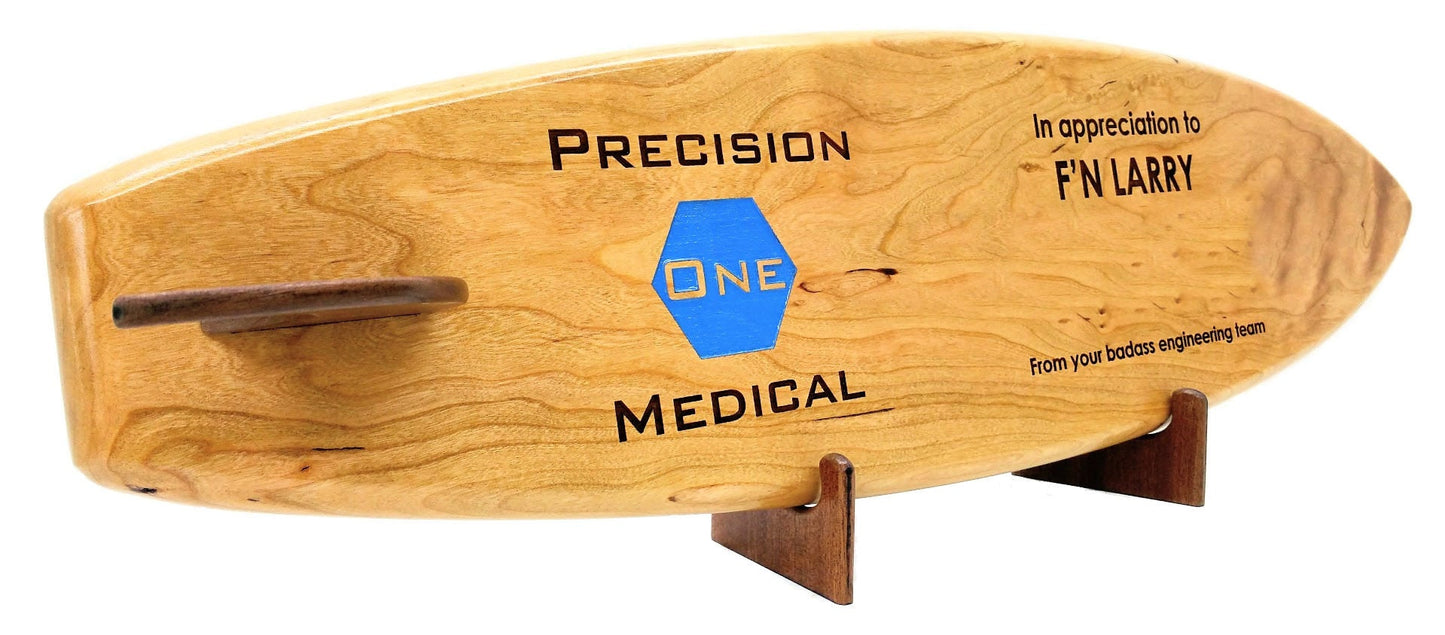 24 inch SURFBOARD SHAPED PLAQUE, custom, cherry, walnut, laser engraved