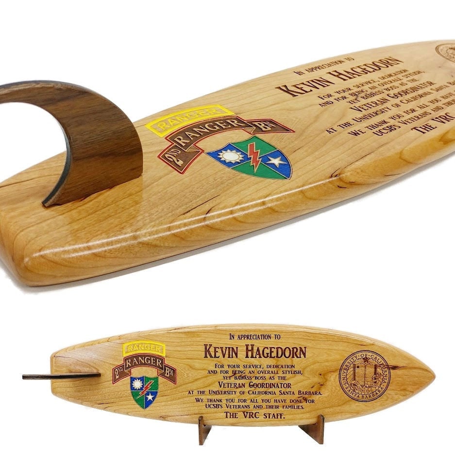 24 inch SURFBOARD SHAPED PLAQUE, custom, cherry, walnut, laser engraved