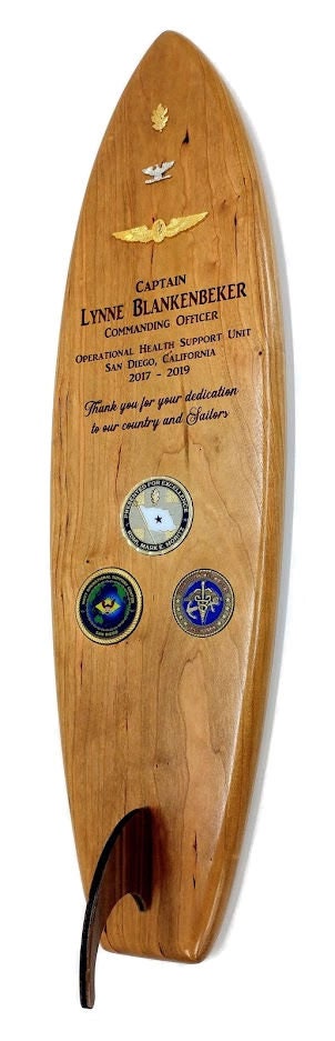 24 inch SURFBOARD SHAPED PLAQUE, custom, cherry, walnut, laser engraved