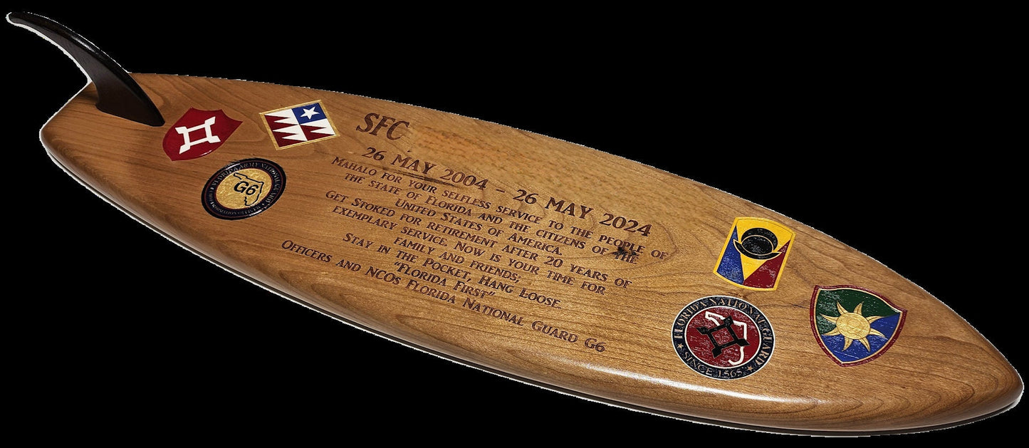 24 inch SURFBOARD SHAPED PLAQUE, custom, cherry, walnut, laser engraved